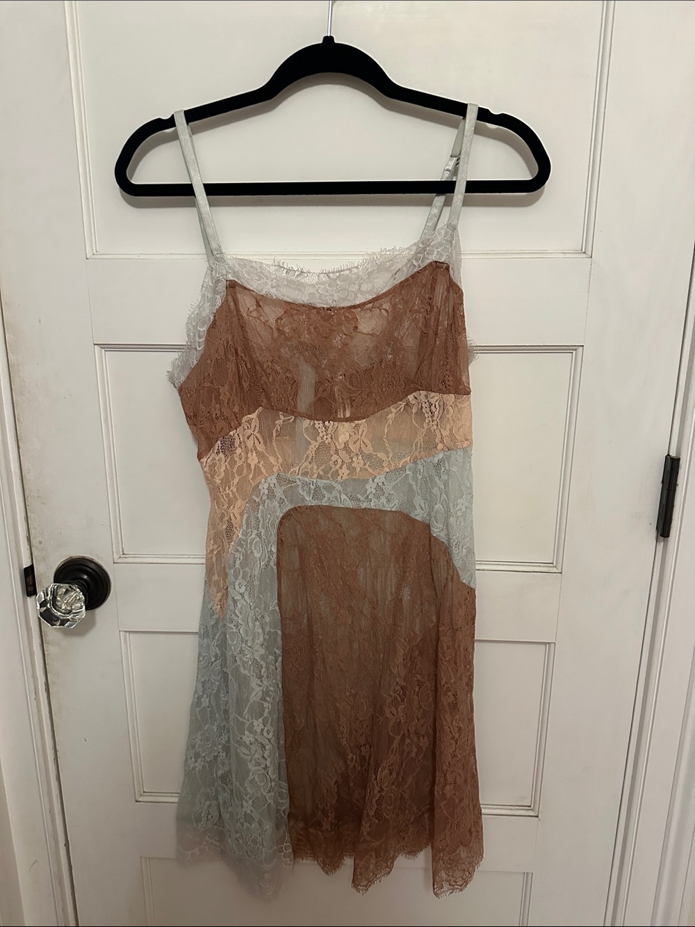 Anthropologie Tri-Tone Lace Slip Dress in Brown, Cream & Light Gray